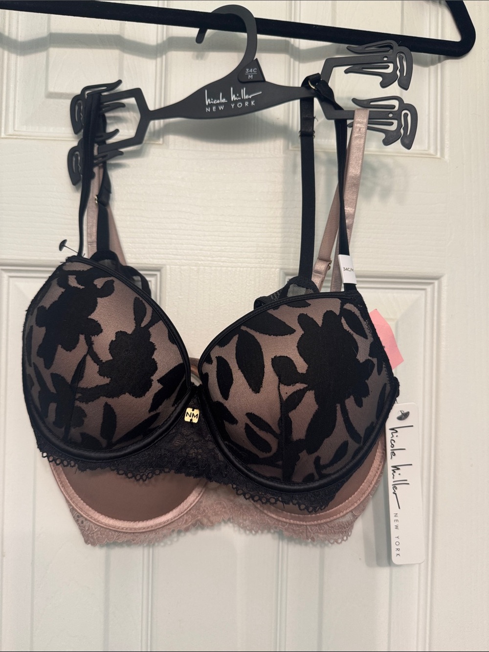 Nicole Miller Blush and Black Floral Lace Bra Duo